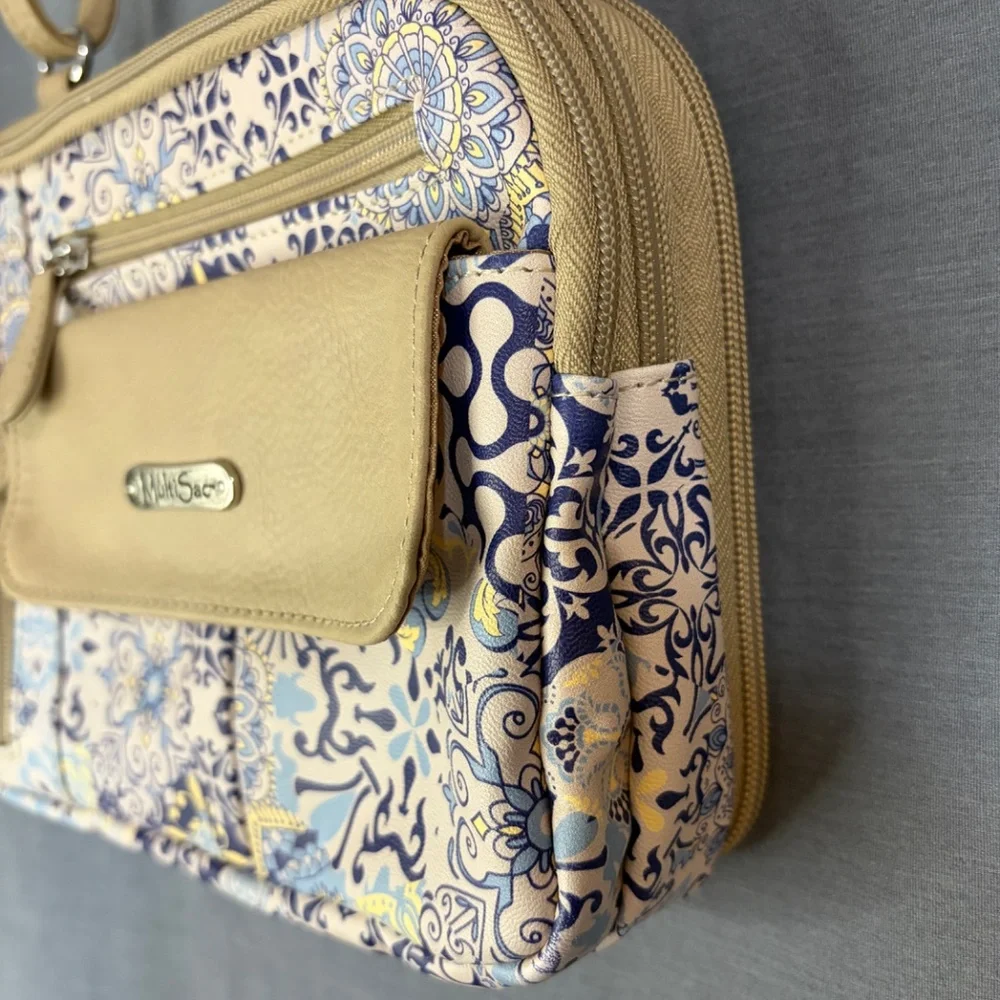 MultiSac Crossbody Purse Bag Beige & Blue Floral Casablanca Zip Pockets